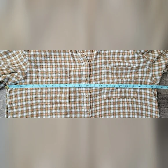 Pilcro Anthtopologie Crinkle Plaid Button-Up Women's L Cream Olive & Pink Flowy - Picture 8 of 12
